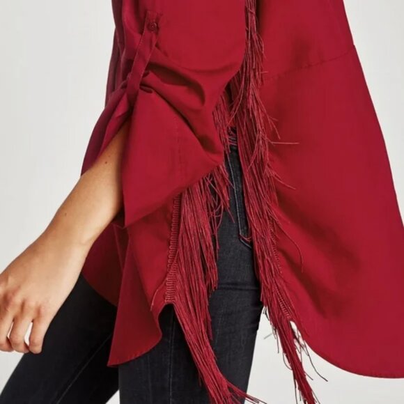 Zara Oversize Tunic With Western Side Fringe In Red Cotton Poplin Size XS EUC - Picture 4 of 15